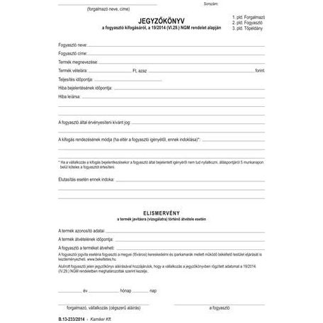 Jegyzőkönyv a fogyasztó minőségi kifogásáról, VICTORIA PAPER, 25×3 lapos, A/5 - B.13-233/2014